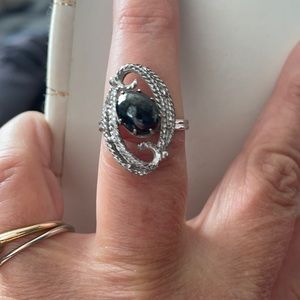 Sarah Coventry, Ebb Tide 1970, Silver tone, Black rhinestone, Statement ring